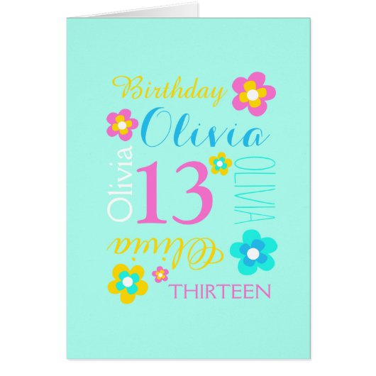 Fleur 13e anniversaire personnalisé aqua jaune ros (Devant)