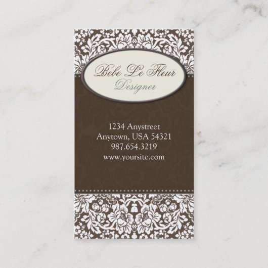 Fleur #1C Chic Brown Damask Carte de visite (Devant)