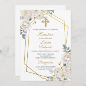 Fleur blanche avec cadre Baptême Invitation (Devant / Derrière)