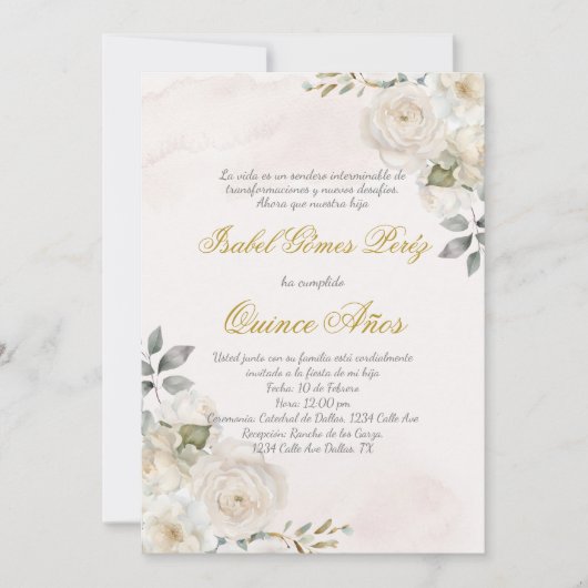 Fleur blanche beige coing invitation en espagnol (Devant)