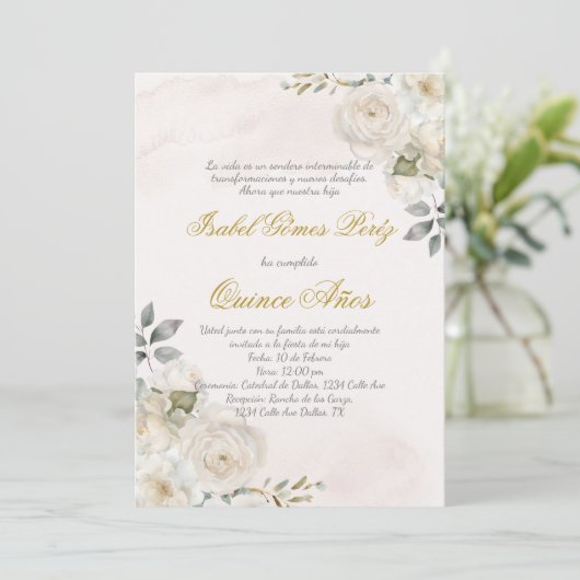 Fleur blanche beige coing invitation en espagnol (Debout devant)