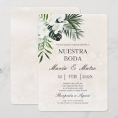 Fleur blanche beige Faire-part de mariage espagnol (Devant / Derrière)