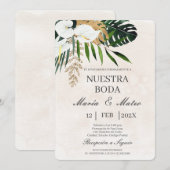 Fleur blanche beige Faire-part de mariage espagnol (Devant / Derrière)
