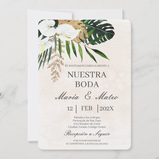 Fleur blanche beige Faire-part de mariage espagnol (Devant)