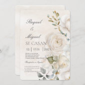 Fleur blanche beige Faire-part de mariage espagnol (Devant / Derrière)