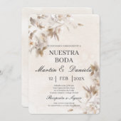 Fleur blanche beige Faire-part de mariage espagnol (Devant / Derrière)
