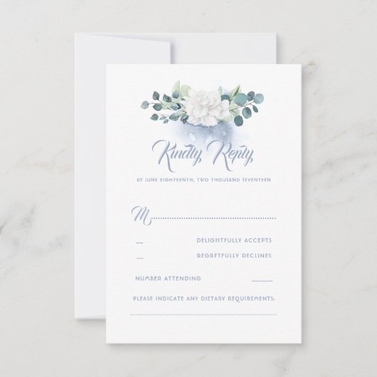 Fleur blanche Dusty Blue Wedding RSVP (Devant)