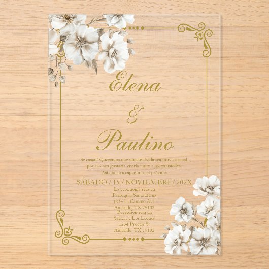 Fleur blanche Elégant mariage Invitation en espagn (Recto)