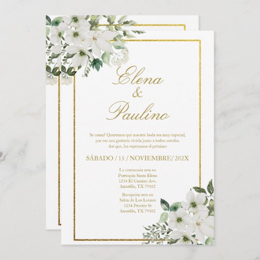 Fleur blanche Elégant mariage Invitation en espagn (Devant / Derrière)