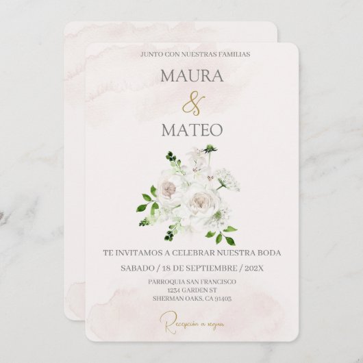 Fleur blanche Faire-part de mariage espagnole beig (Devant / Derrière)