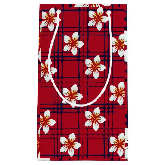Fleur blanche sur sac cadeau rouge et bleu (Devant)