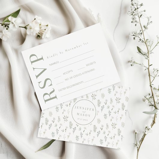 Fleur blanche verte Mariage rustique Cartes RSVP