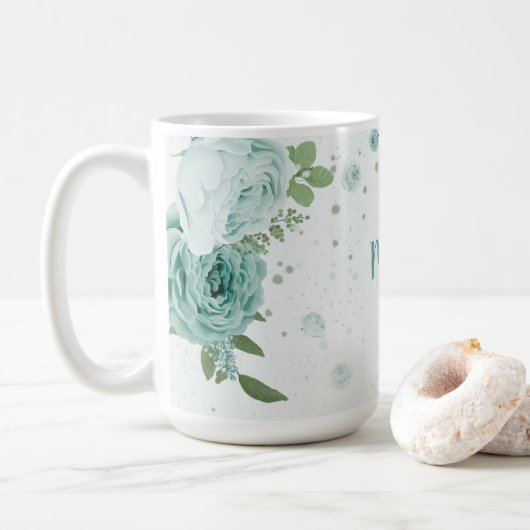 fleur bleu romantique verdure tasse de café (Avec donut)