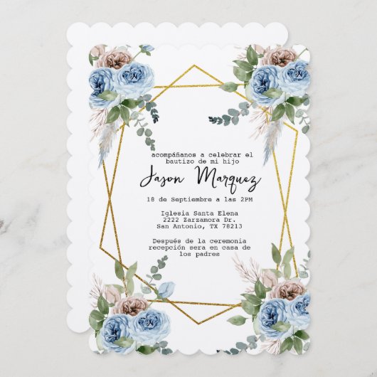 fleur bleue avec cadre or invitation baptême (Devant / Derrière)