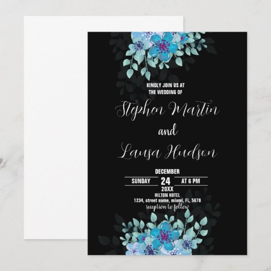 Fleur bleue Black Wedding Invitations (Devant / Derrière)
