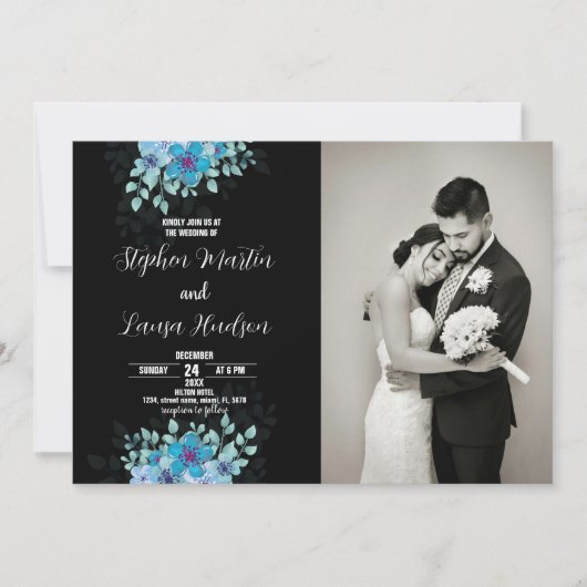 Fleur Bleue Black Wedding Invitations avec photo (Devant)