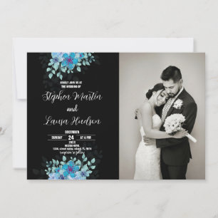 Fleur Bleue Black Wedding Invitations avec photo