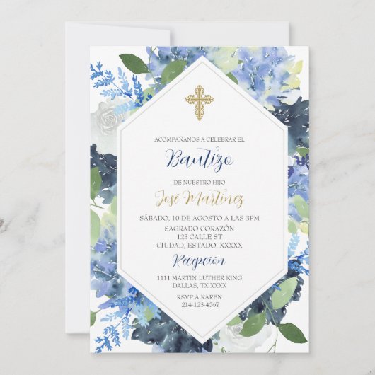 Fleur bleue Eau colorée Bautizo Invitation espagno (Devant)