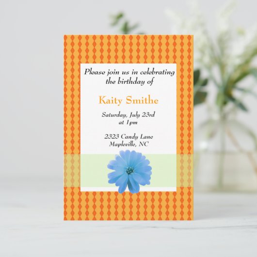 Fleur bleue et diamant orange Invitation d'anniver (Debout devant)