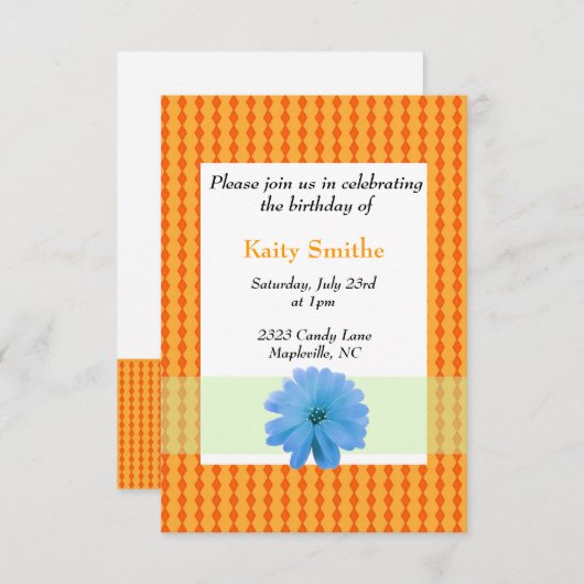 Fleur bleue et diamant orange Invitation d'anniver (Devant / Derrière)