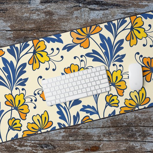 Fleur Bleue Feuillue de Style Folk Orange Jaune Vi