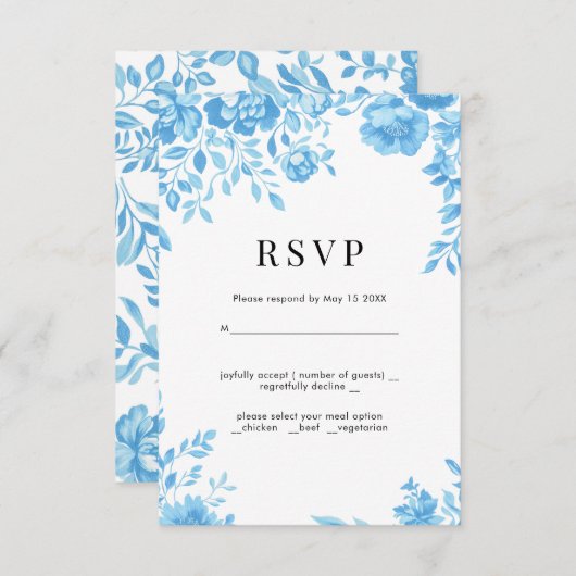 Fleur bleue Mariage floral rétro RSVP (Devant / Derrière)
