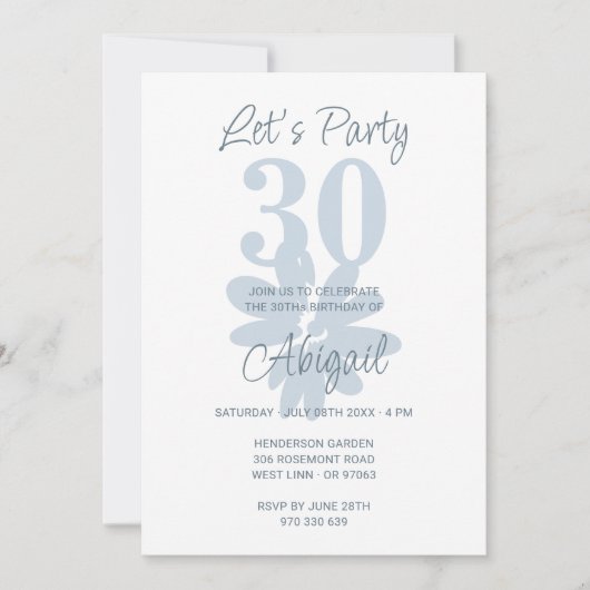 Fleur bleue moderne 30e anniversaire Invitation (Devant)