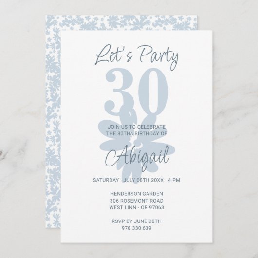 Fleur bleue moderne 30e anniversaire Invitation (Devant / Derrière)