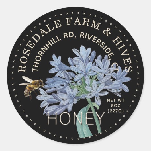Fleur bleue sur Étiquette de miel noir avec abeill (Devant)