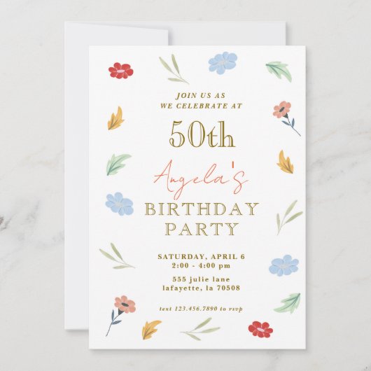 Fleur coloré joyeux 50e anniversaire Invitations (Devant)