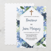 Fleur couleur d'eau bleue invitation au baptême (Devant / Derrière)
