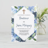 Fleur couleur d'eau bleue invitation au baptême (Debout devant)