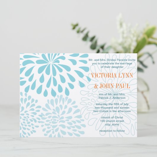 Fleur Dahlia Coral Bleu Mariage Floral Invitation (Debout devant)