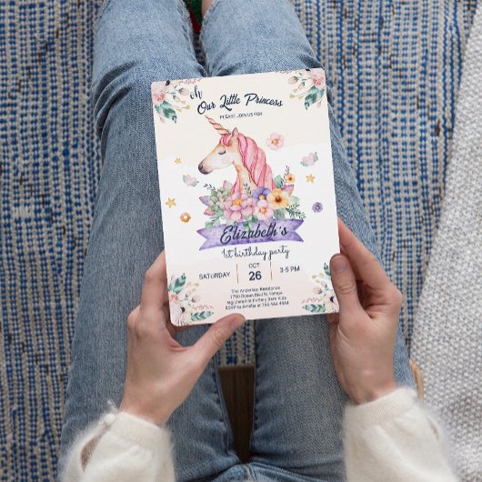 Fleur d'aquarelle Unicorn Girl Birthday Invitation