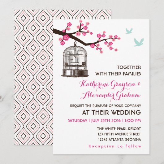 Fleur de cage à oiseaux rose douce Invitation de m (Devant / Derrière)