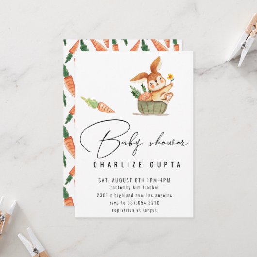 Fleur de carotte de lapin Baby shower Invitation f (Devant/Arrière en situation)