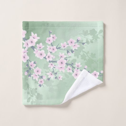 Fleur de cerisier rose Dusky Arrière - plan vert (Gant de toilette)