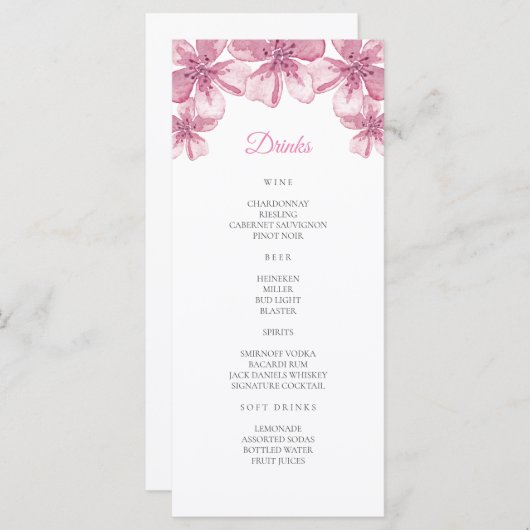 Fleur de cerisier rose. Menu Floral mariage Bar (Devant / Derrière)