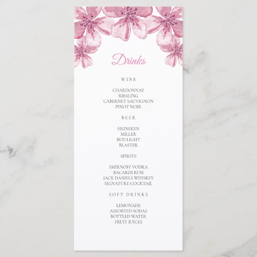 Fleur de cerisier rose. Menu Floral mariage Bar (Devant)