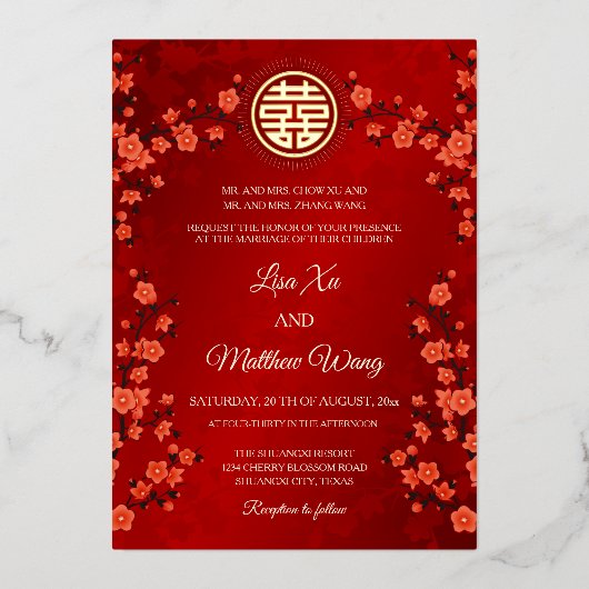 Fleur de cerisier rouge | Faire-part de mariage ch (Recto)