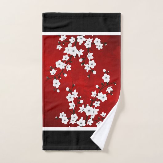 Fleur de cerisier rouge noir blanc Floral (Serviette à main)