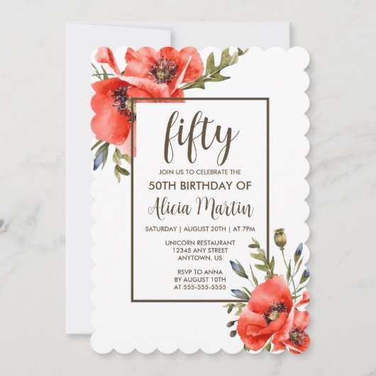 Fleur de coquelicot rouge élégant Invitation 50e a (Devant)