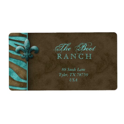 Fleur de Lis Adres Label Blue Brown Zebra Suede (Voorkant)
