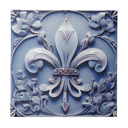 Fleur de Lis Antiek Blue Faux Relief Tegeltje (Voorkant)