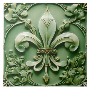 Fleur de Lis  Antiek Green Faux Relief Tegeltje