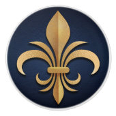 Fleur-De-Lis - Art Deco - Blauw en Goud Keramische Knop (Voorkant)