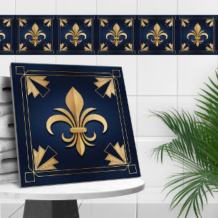 Fleur-De-Lis - Art Deco - Blauw en Goud Tegeltje