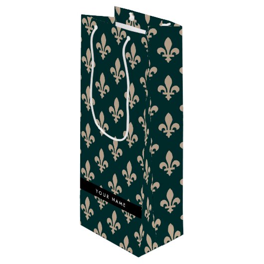 Fleur de Lis, Beige on Green, Royal, Your Name Wijn Cadeautas (Voorkant Gekanteld)