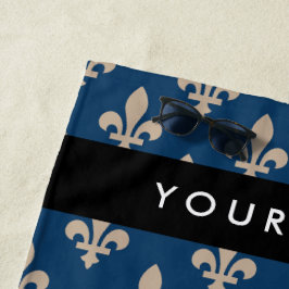Fleur de Lis, Beige on Navy Blue, Royal, Your Name Strandlaken