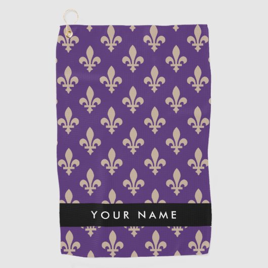 Fleur de Lis, Beige on Purple, Royal, Your Name Golfhanddoek (Voorkant)